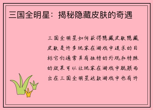 三国全明星：揭秘隐藏皮肤的奇遇